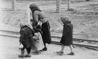 Jødisk kvinde og tre børn går mod gaskammeret i kx-og udryddelseslejren Auschwitz-Birkenau 