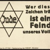 Nazistisk propagandaplakat med billede af jødestjerne og påskriften: "Den der bærer dette tegn er en fjende af vores folk"